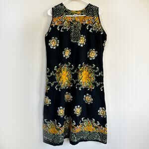 Cotton Boho Midi Dress Lagenlook Sleeveless Summer Scoop Neck Black LARGE